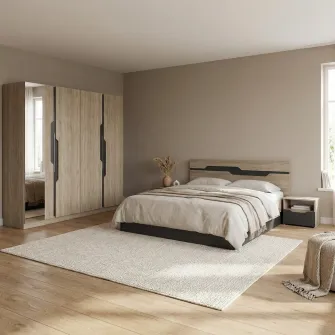 Dormitor Hoff Marcus, Pat 160x200 cm, Dulap 3 usi, 2 Noptiere, Sonoma Negru